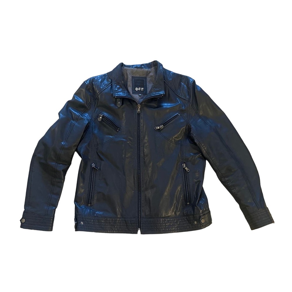 Women navy blue leather XXL fits XL moto jacket